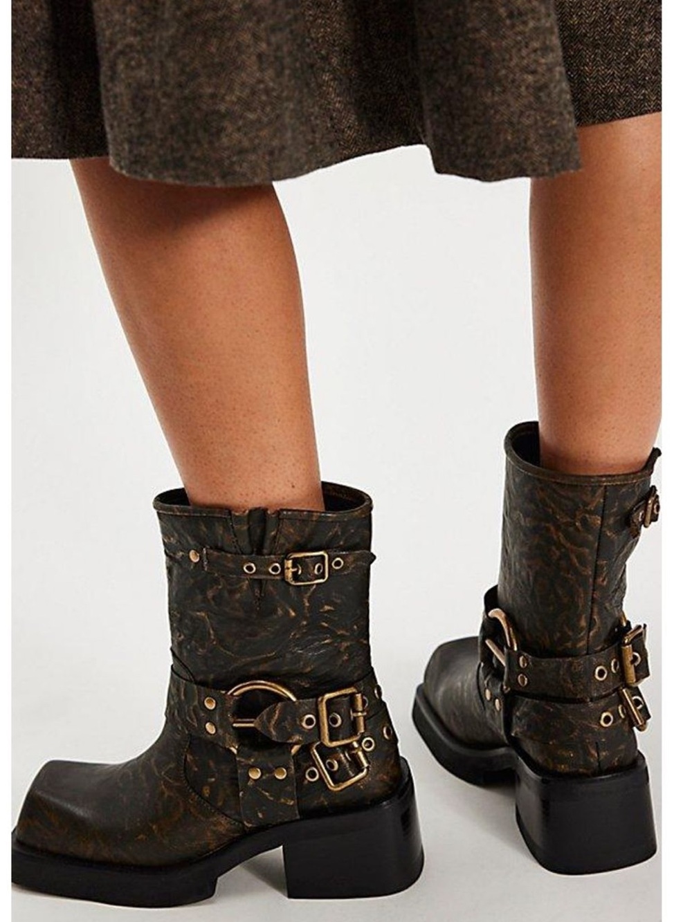 Jeffrey Campbell Lights Out Distressed Brown and Gold Moto Boots 9 new